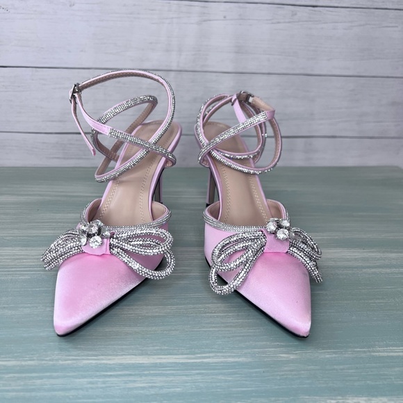 Pointed Toe Crystal Bows Satin Backless Ankle Straps Buckle Stiletto Pumps EU 41 - Picture 2 of 10